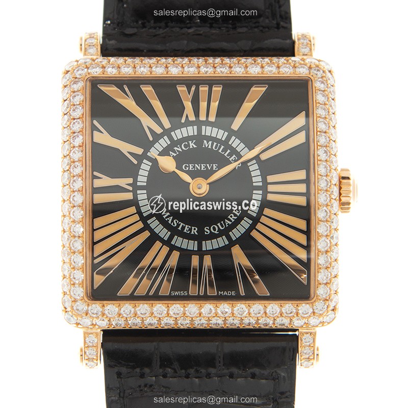 Exquisite Franck Muller 6002 M QZ Master Square Replica in 18kt Rose Gold, Black Dial, Sapphire