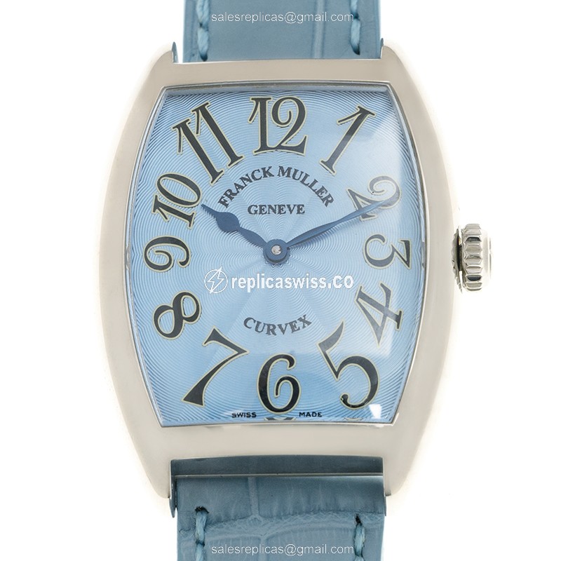 Exquisite Franck Muller 7502 QZ Curvex Replica with Blue Dial Alligator Strap, Swiss Quartz