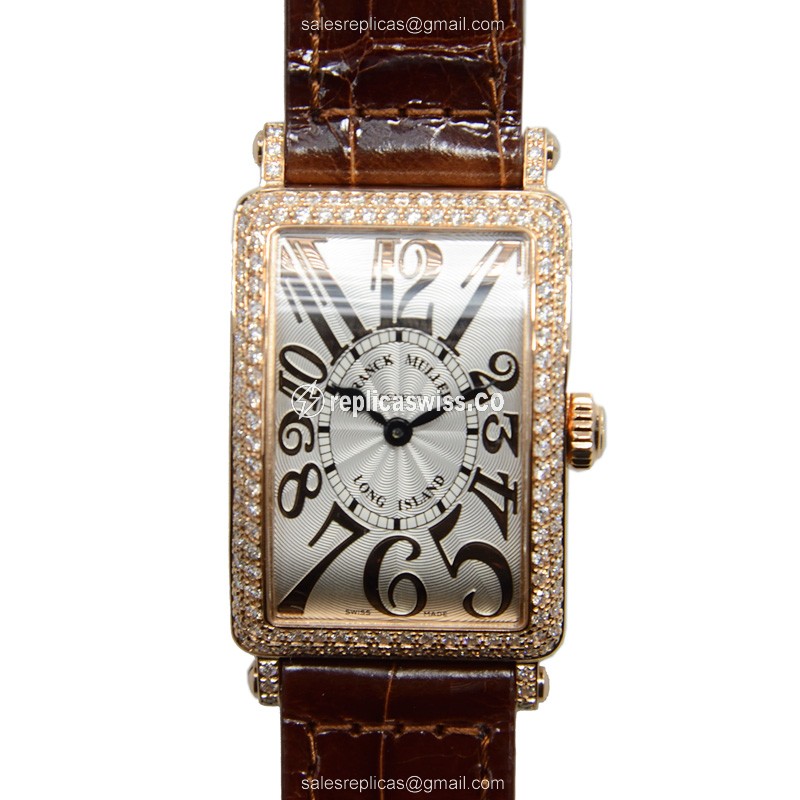 Exquisite Franck Muller 902 QZ D REL Replica in 18kt Rose Gold, Diamond Bezels, & Silver Dial on