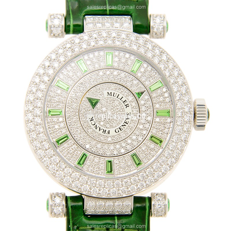Exquisite Franck Muller DM 36 Double Mystery Replica in 18kt White Gold & Alligator Green Straps