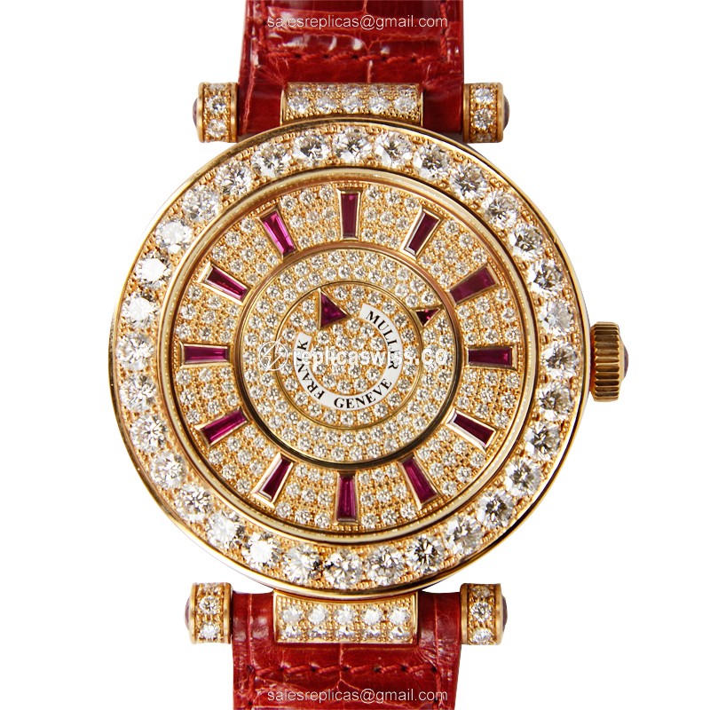 Exquisite Franck Muller DM42 Automatic Gold Watch, 18kt Rose Gold Case, Alligator Red Strap