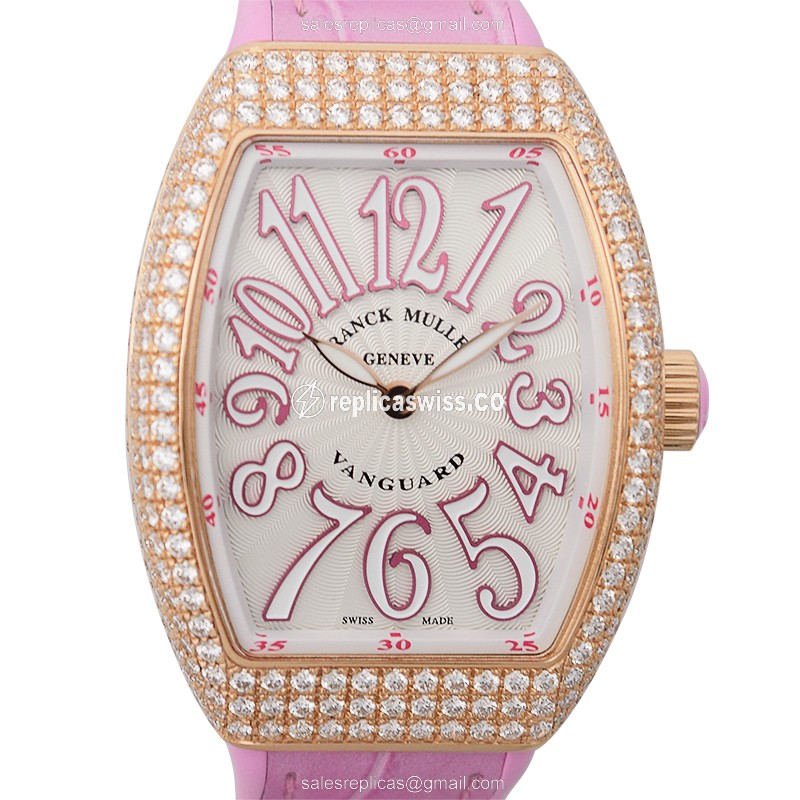 Exquisite Franck Muller V 32 QZ D Quartz Replica in 18kt Rose Gold with White Dial Pink strap