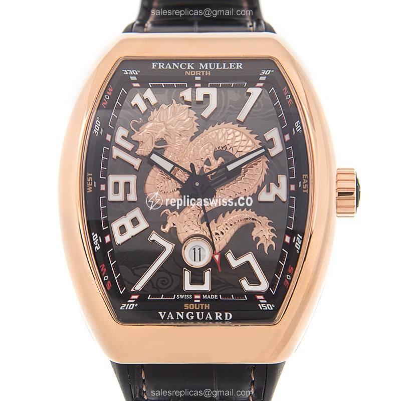 Exquisite Franck Muller V 45 SC DT Dragon King Vanguard Replica in 18kt Rose Gold with Black Dial