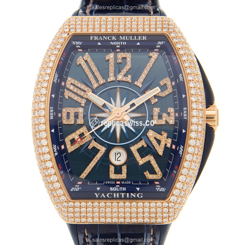 Exquisite Franck Muller V 45 SC Yacht replica in 18kt Rose Gold, Auto Movement, Blue Dial & Leather