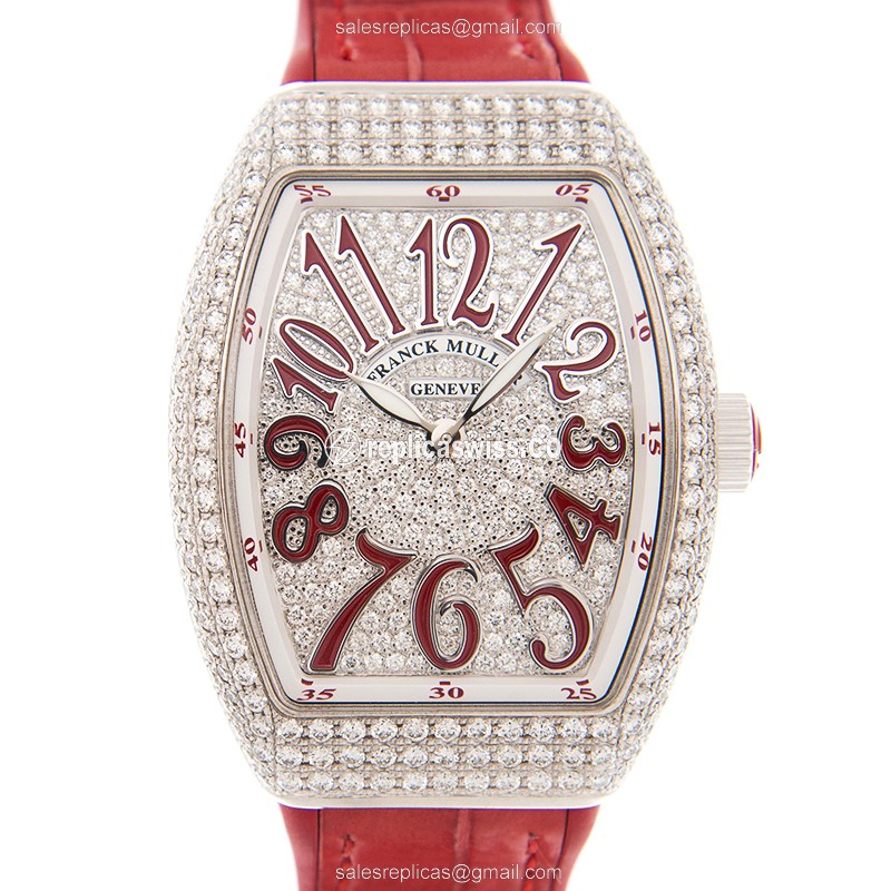 Exquisite Franck Muller V32 Quartz Replica in 18kt White Gold with Silver Dial Red Alligator