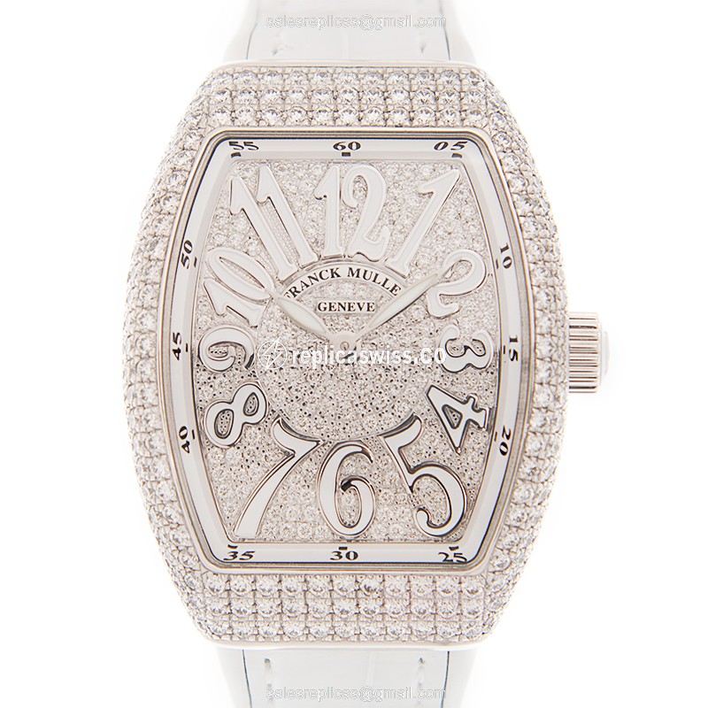 Exquisite Franck Muller V32 Quartz Silver Dial & Alligator White Strap Replica Watch