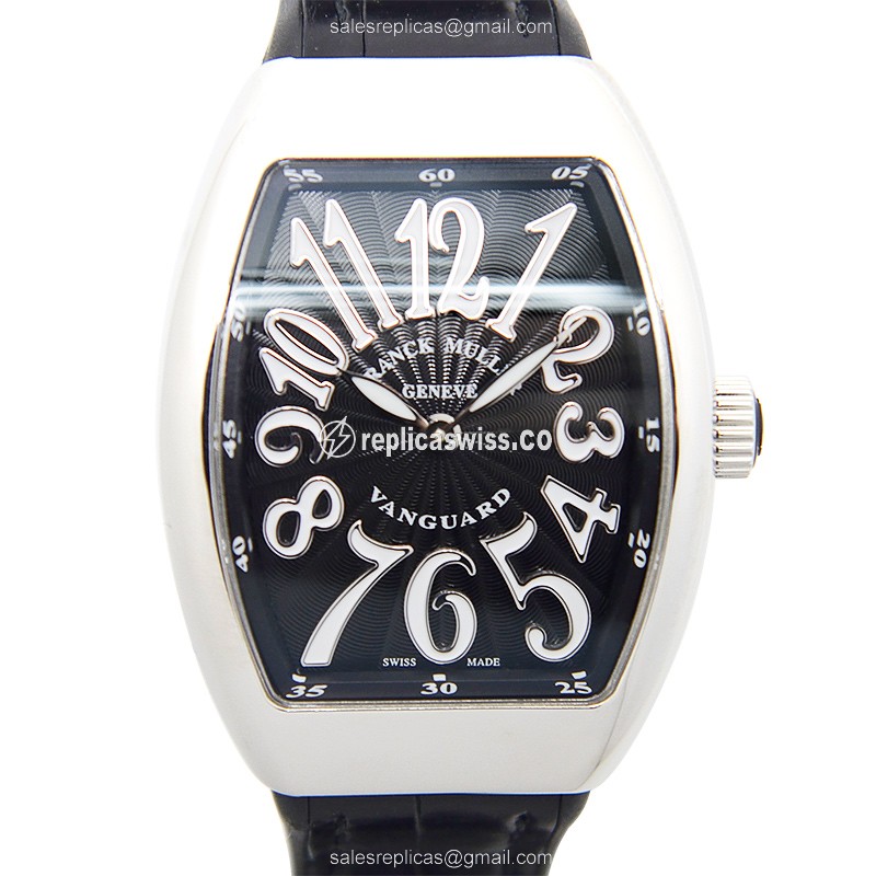 Exquisite Franck Muller V32 QZ Vanguard Replica, Black Dial & Stainless Steel Case, Leather Strap