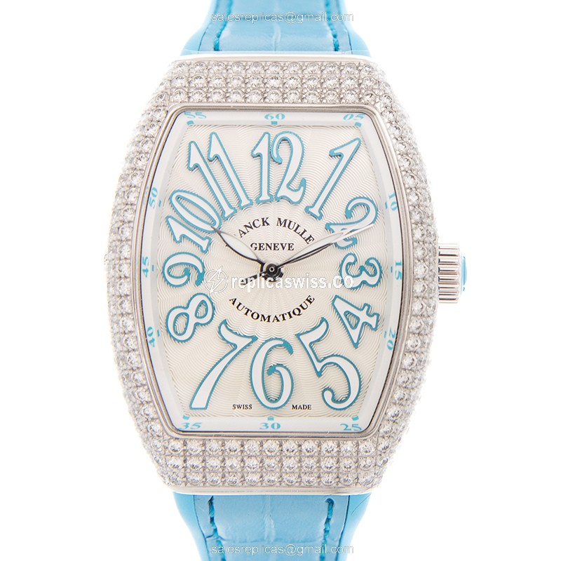 Exquisite Franck Muller V35 Vanguard Replica, Automatic Movement, White Dial, Blue Alligator Strap