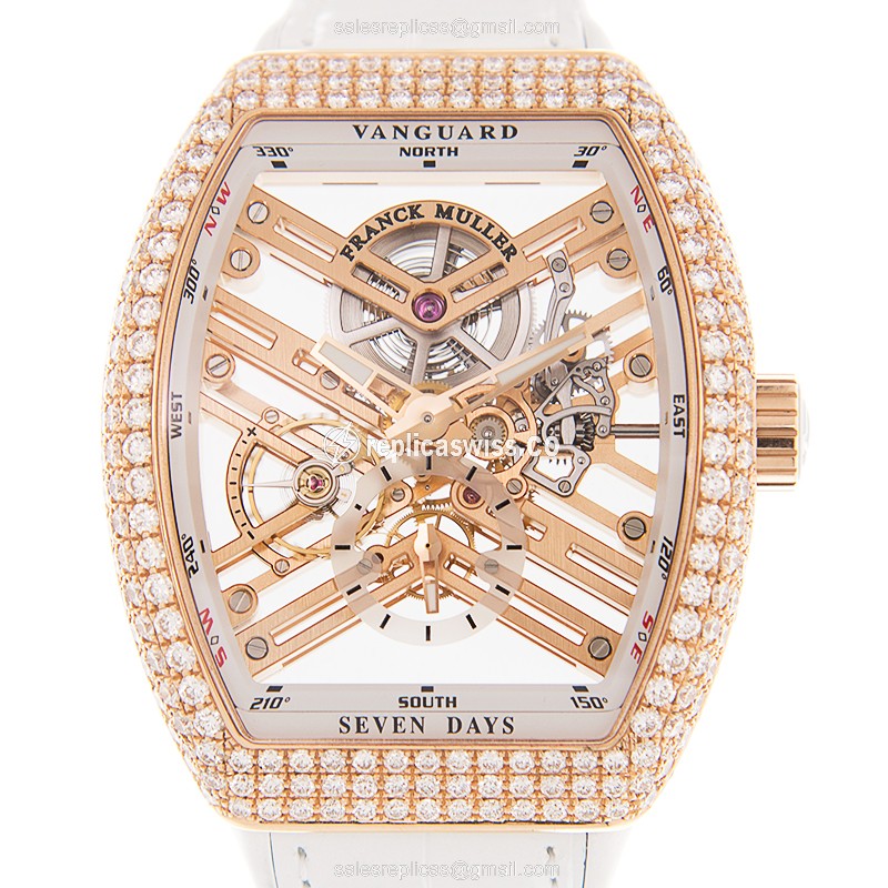 Exquisite Franck Muller V45 S6 SQT D Vanguard Automatic in 18kt Rose Gold, White Leather Strap, &