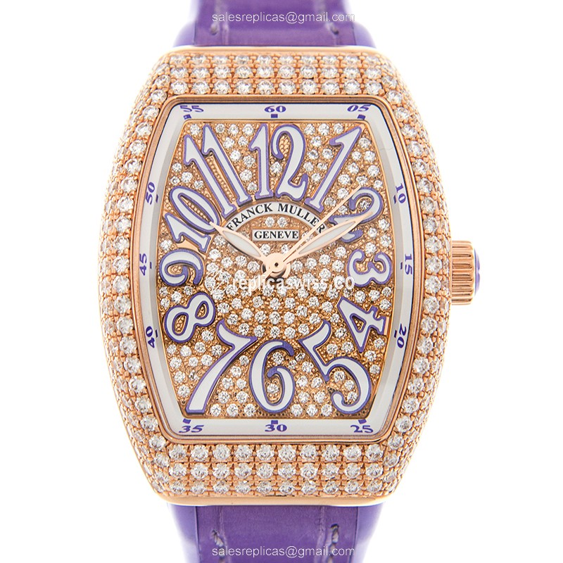 Exquisite Franck Muller Vanguard Automatic 18kt Rose Gold Case, Sparkling Diamond Bezel Watch