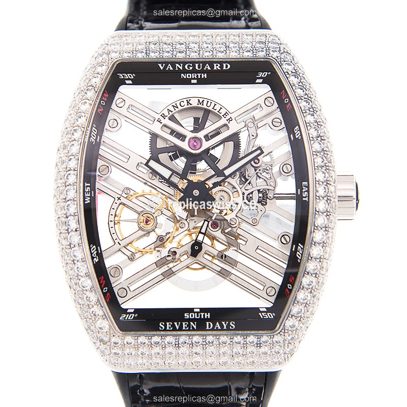 Exquisite Franck Muller Vanguard Replica, Manual Wind Movement, Silver Dial, Diamond Bezels