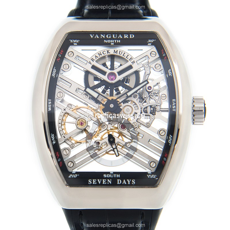 Exquisite Franck Muller Vanguard S6 SQT Manual Wind Replica, Steel Case with Skull Dial & Leather