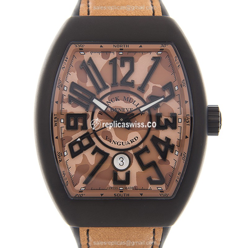 Exquisite Franck Muller Vanguard V 45 SC DT CAMOU Automatic Titanium Watch with Brown Dial & Rubber