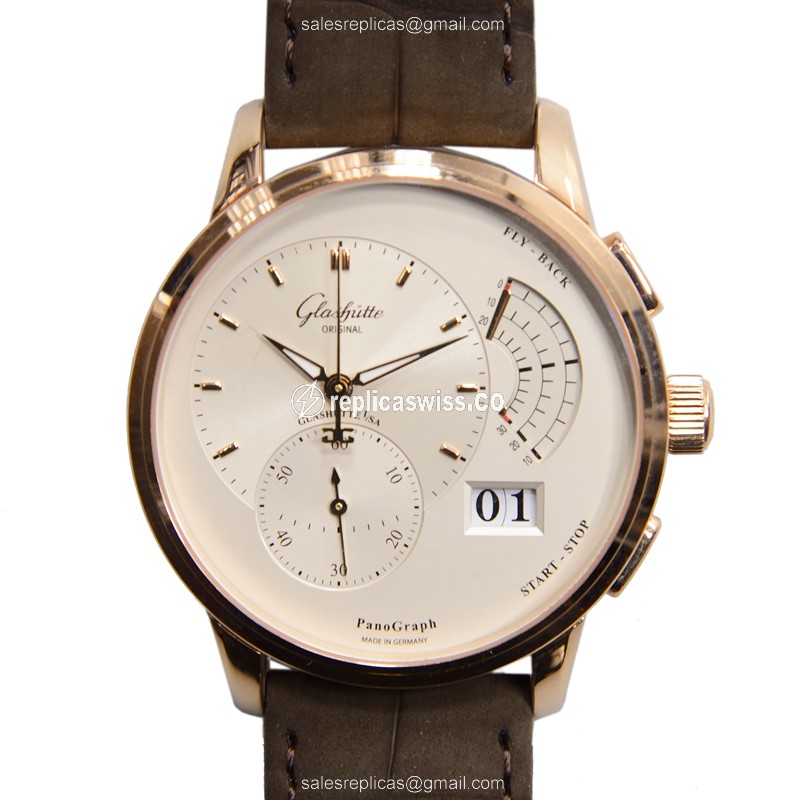 Exquisite Glashutte 1-61-03 PANO Automatic Watch | Silver Dial | Alligator Brown Strap