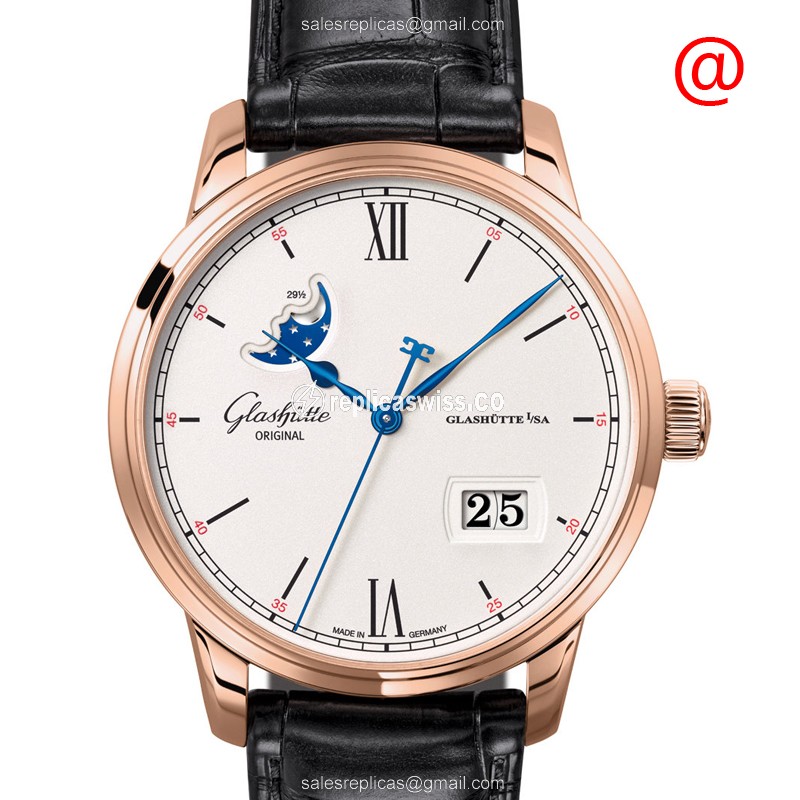 Exquisite Glashutte Senator Skeletonized Automatic Replica in 18kt Gold, Silver Dial & Alligator
