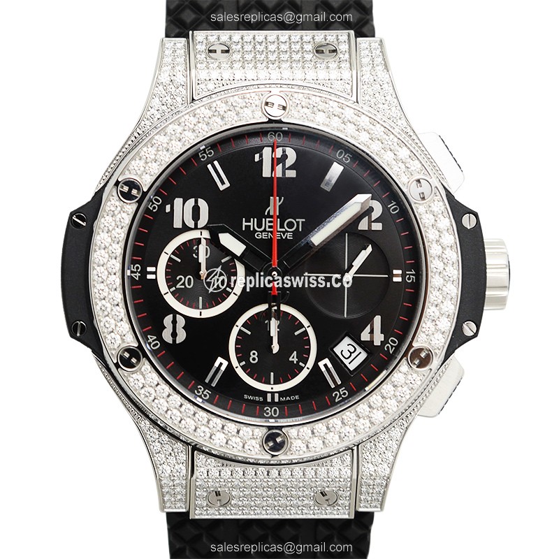 Exquisite Hublot Big Bang Automatic Replica, Black Dial & Diamond-Encrusted Case Watch