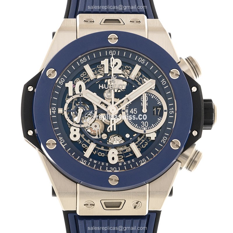 Exquisite Hublot Big Bang Automatic Titanium Replica, Transparent Dial & Rubber Blue Strap Watch