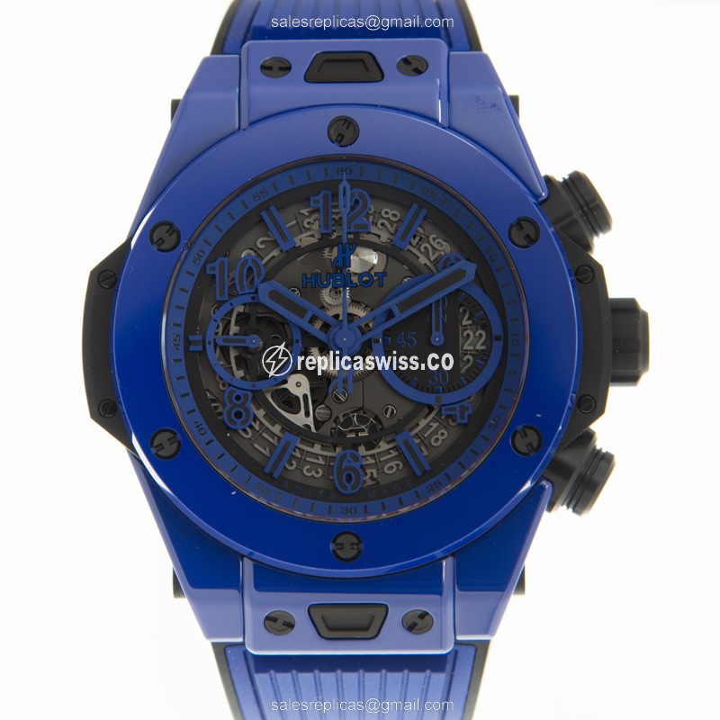 Exquisite Hublot BIG BANG Ceramic Replica with Automatic Movement & Gray Dial on Blue Rubber Strap