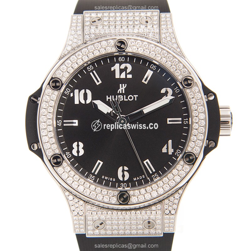 Exquisite Hublot BIG BANG Quartz Replica in Stainless Steel & Black Diamond Dial Watch