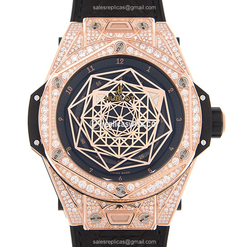 Exquisite Hublot Big Bang Replica in 18kt Rose Gold & Diamond Case, Automatic Movement & Black