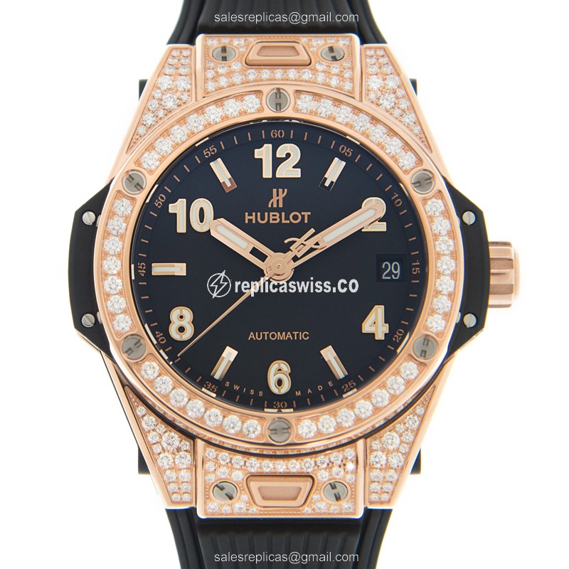 Exquisite Hublot BIG BANG Replica in 18kt Rose Gold with Diamond Bezels Black Automatic Dial