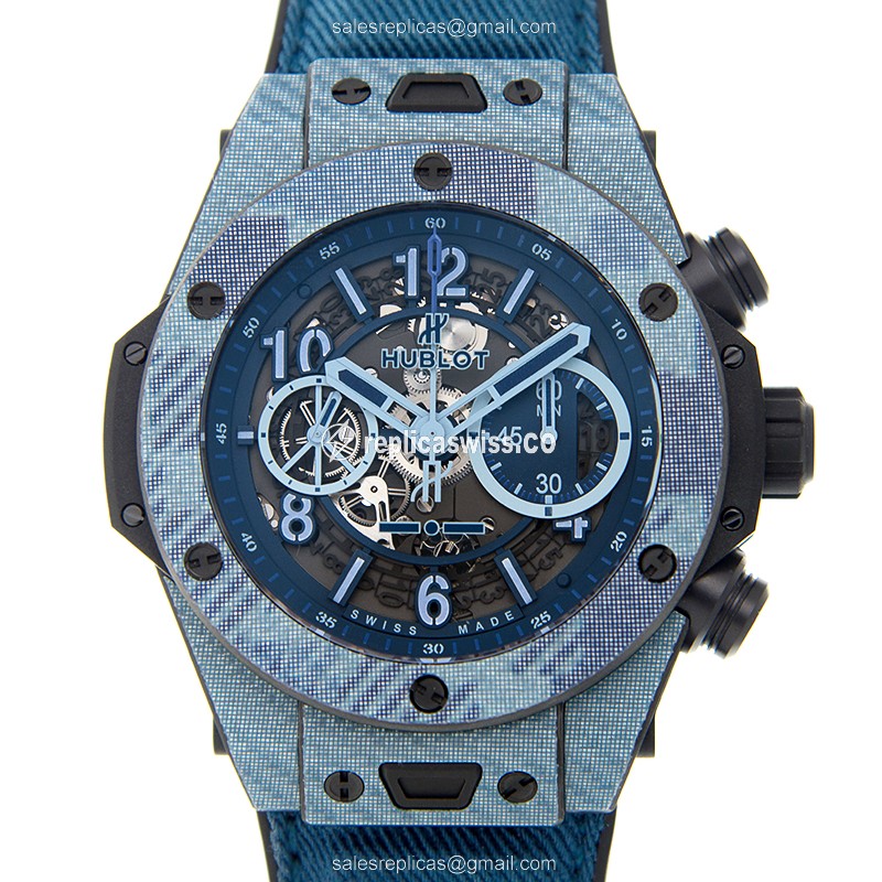 Exquisite Hublot BIG BANG Replica in Grey Dial & Blue Jeans Strap, Automatic Movement, Sapphire