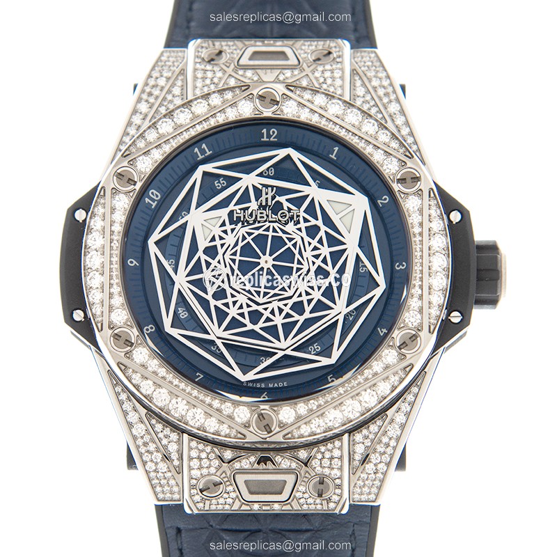 Exquisite Hublot BIG BANG Replica with Automatic Movement Lustrous Blue Crystal Dial Watch