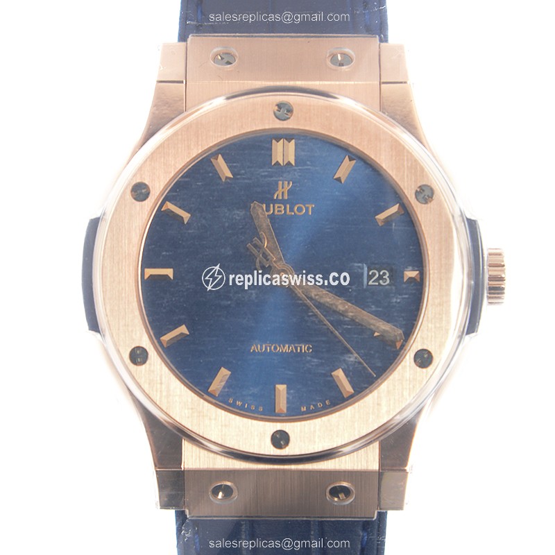 Exquisite Hublot Classic Fusion Replica in 18kt Rose Gold, Automatic Movement & Blue Dial Watch