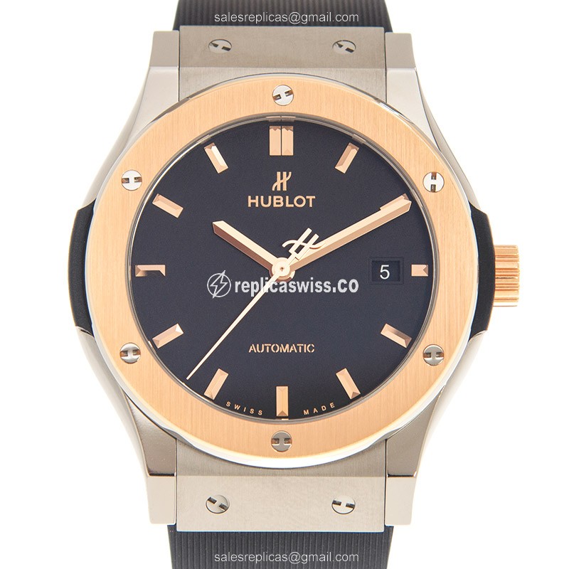 Exquisite Hublot Classic Fusion Replica in Black Dial & 18kt Rose Gold Titanium Case, Automatic
