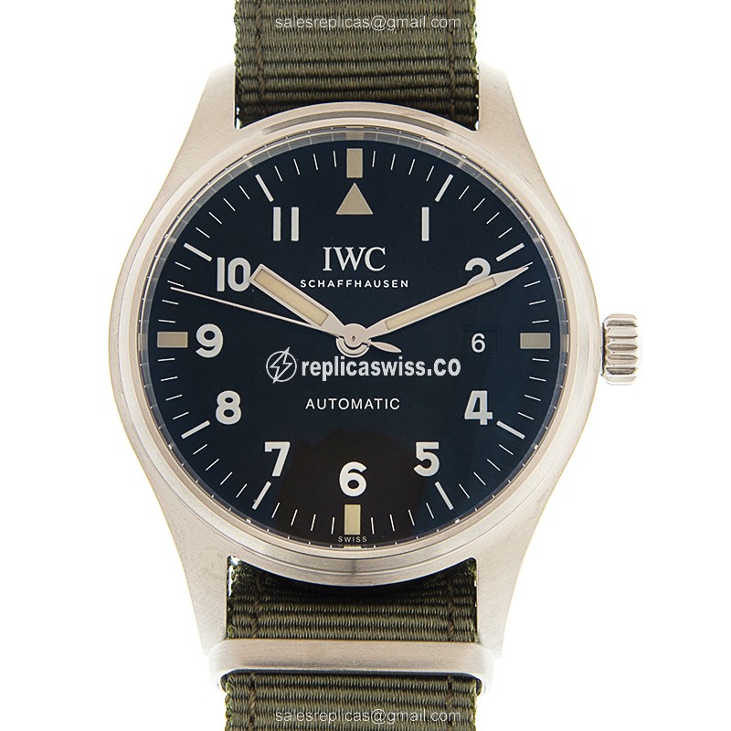 Exquisite IWC PILOTS Automatic Replica, Black Dial & Stainless Steel Case, Buckle Clasp & Green