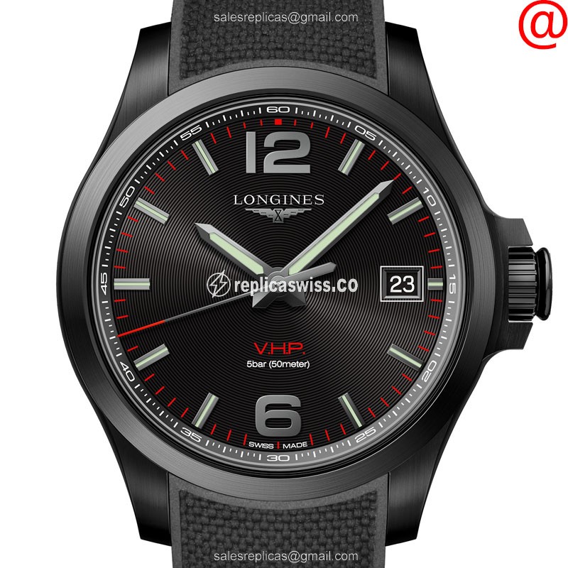 Exquisite Longines CONQUEST Quartz Replica, Black Dial & Steel Case, Rubber Strap Watch