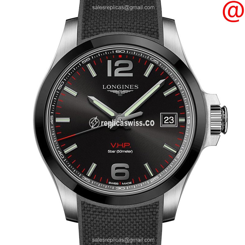 Exquisite Longines CONQUEST Quartz Replica with Black Dial Durable Rubber Strap Watch