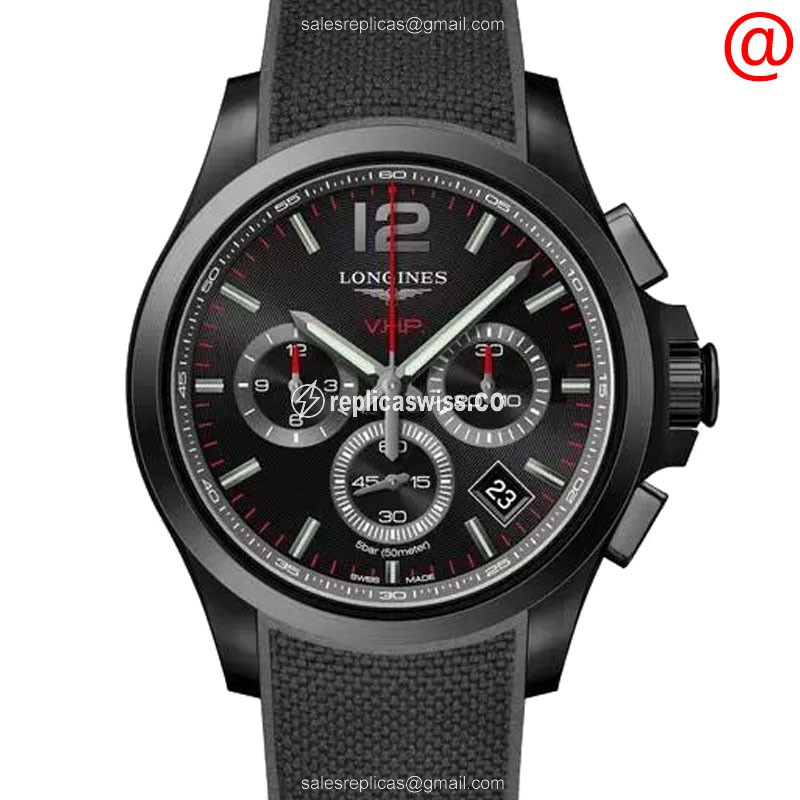 Exquisite Longines CONQUEST Quartz Steel Watch, Black Dial & Rubber Strap