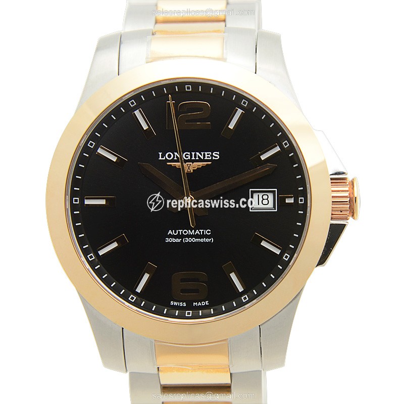Exquisite Longines CONQUEST Replica in 18kt Rose Gold & Steel, Automatic Movement & Black Dial Watch