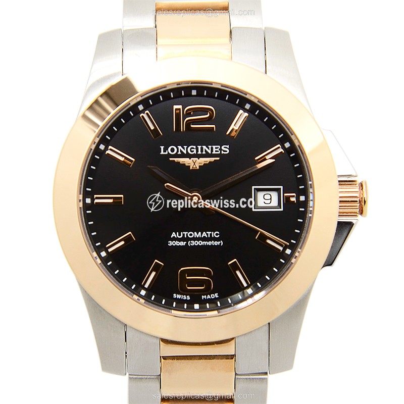 Exquisite Longines Conquest Replica in 18kt Rose Gold Steel Case with Automatic Movement Black