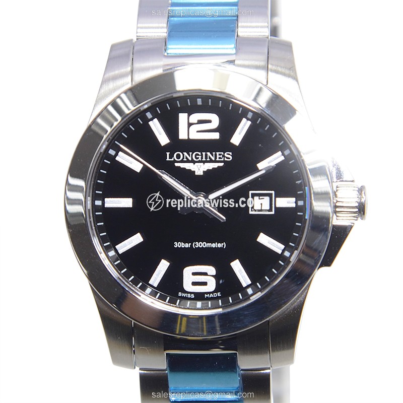 Exquisite Longines CONQUEST Replica in Black Dial & Stainless Steel, Quartz Movement, Sleek Silver