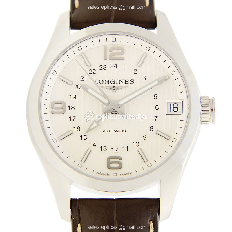 Exquisite Longines CONQUEST Replica in Silver Dial & Alligator Brown Strap, Automatic Movement Watch