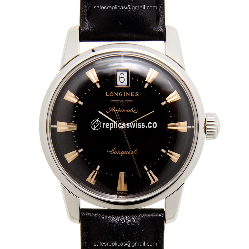 Exquisite Longines Heritage Replica Watch: Black Dial, Stainless Steel Case, Automatic Movement