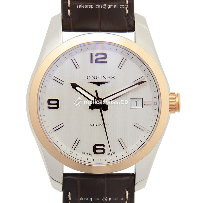 Exquisite Longines L2.785.5.76.3 Conquest Classic Automatic, 18kt Gold & Steel Watch | Silver Dial
