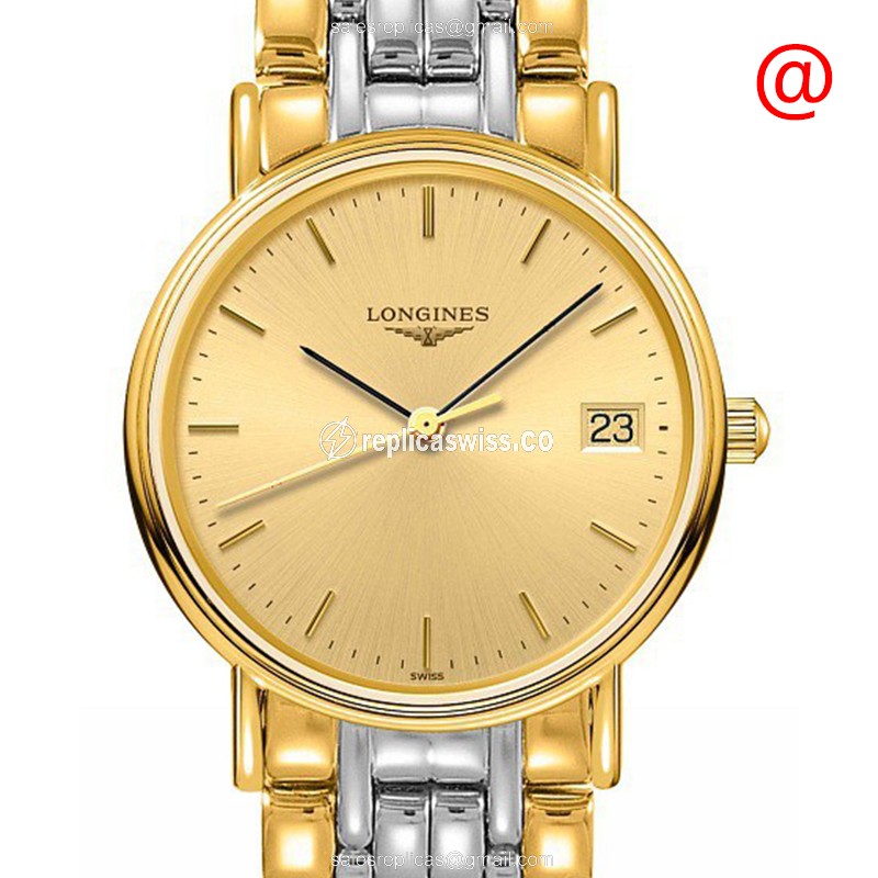 Exquisite Longines L4.320.2.32.7 Presence Quartz Replica in 18kt Gold Stainless Steel, Sapphire