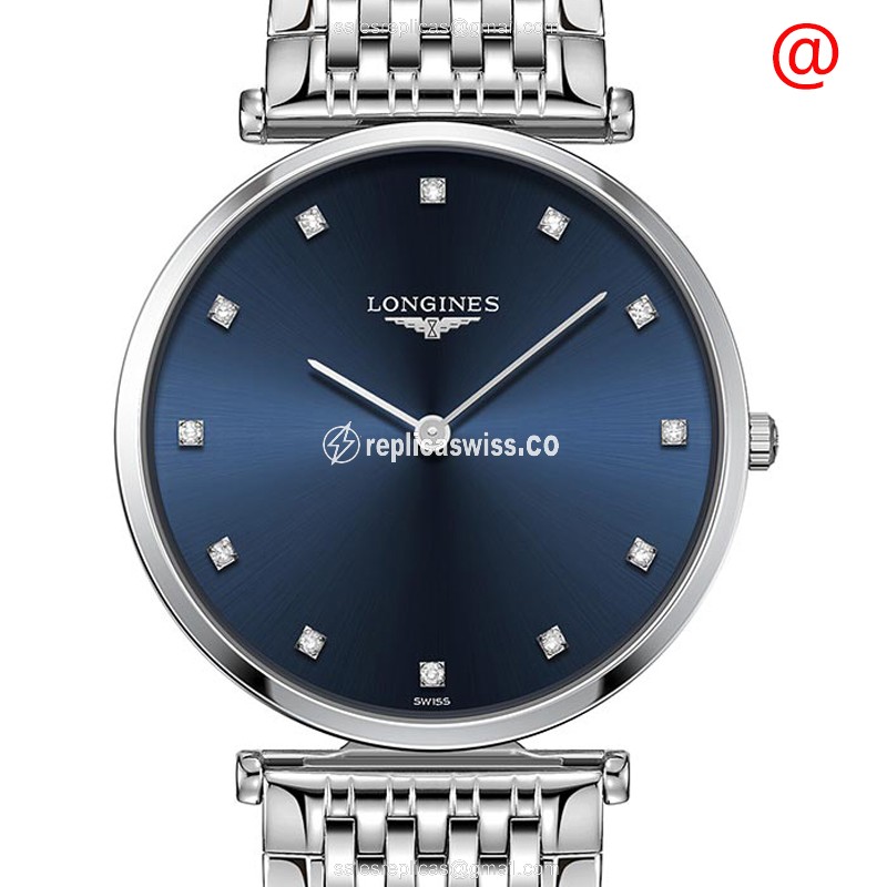 Exquisite Longines LA GRANDE Quartz Replica in Blue Steel Case & Crystal Buckle Strap Watch