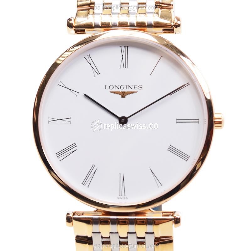 Exquisite Longines LA GRANDE Quartz Replica in PVD Gold Case & White Dial Watch