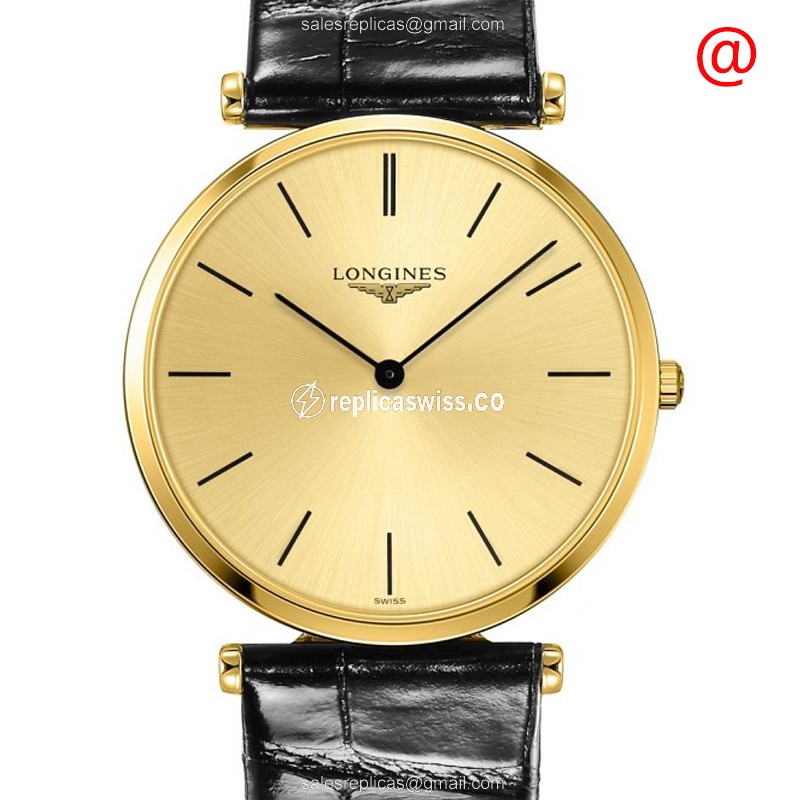 Exquisite Longines LA GRANDE Quartz Replica in PVD Gold with Black Leather Strap Watch