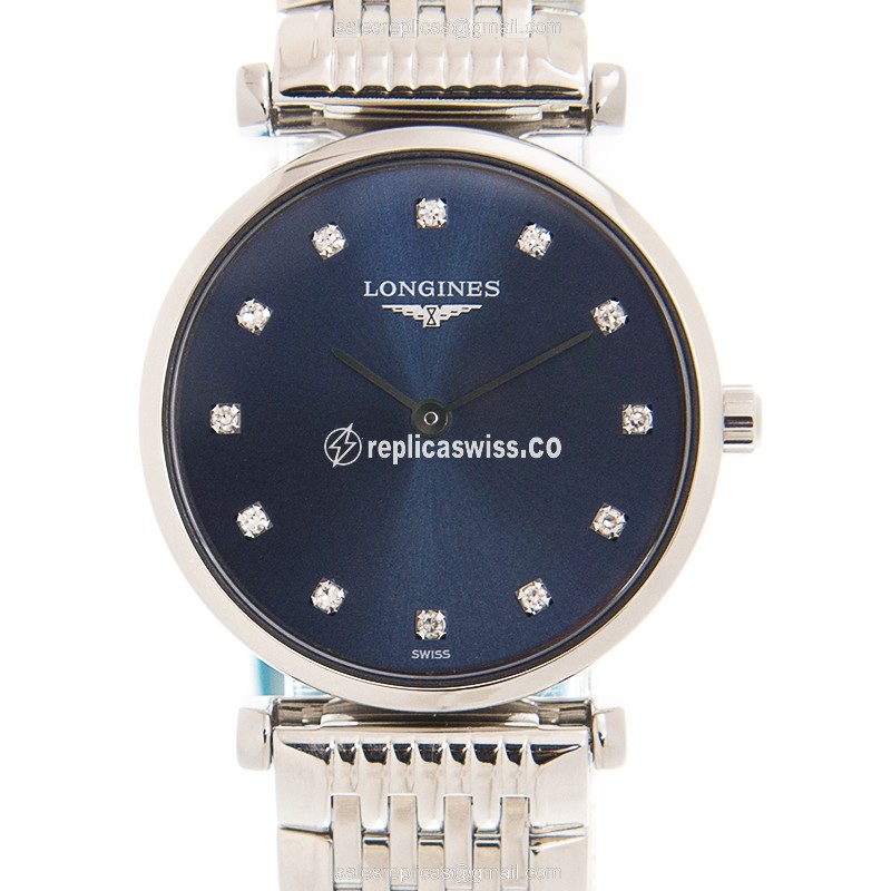 Exquisite Longines LA GRANDE Quartz Replica, Steel Case & Blue Dial | Stainless Steel Band