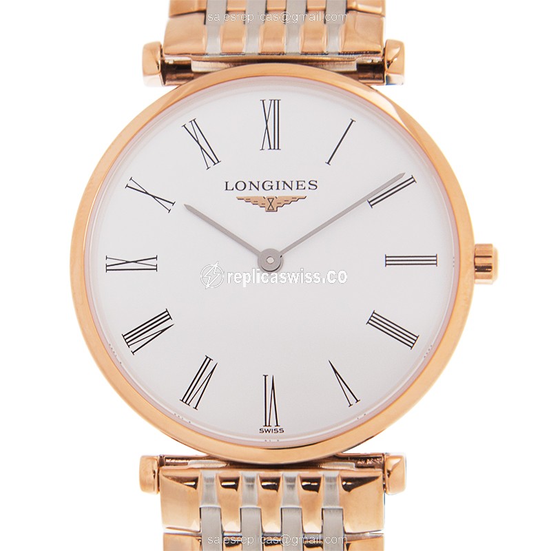 Exquisite Longines LA GRANDE Replica in 18kt White Gold & Stainless Steel, White Dial & Sapphire
