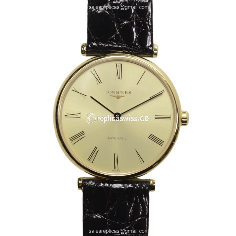 Exquisite Longines LA GRANDE Replica Watch | Automatic Movement | Gold Dial | Leather Strap
