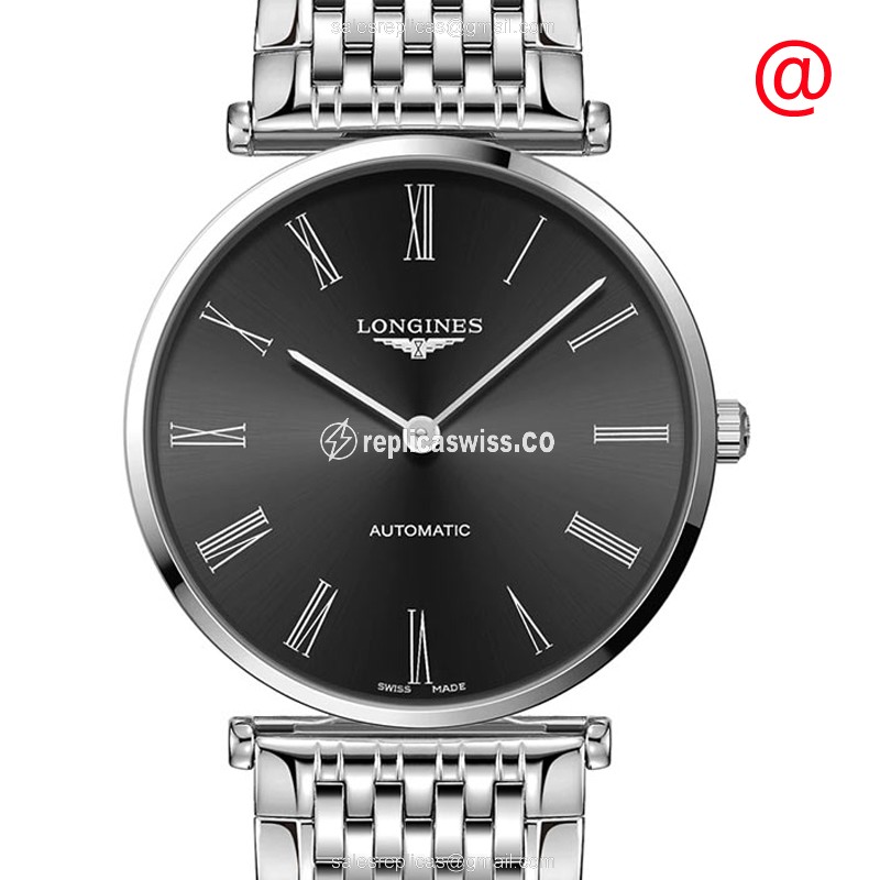 Exquisite Longines LA GRANDE Replica with Automatic Movement & Polished Black Dial on Steel Strap