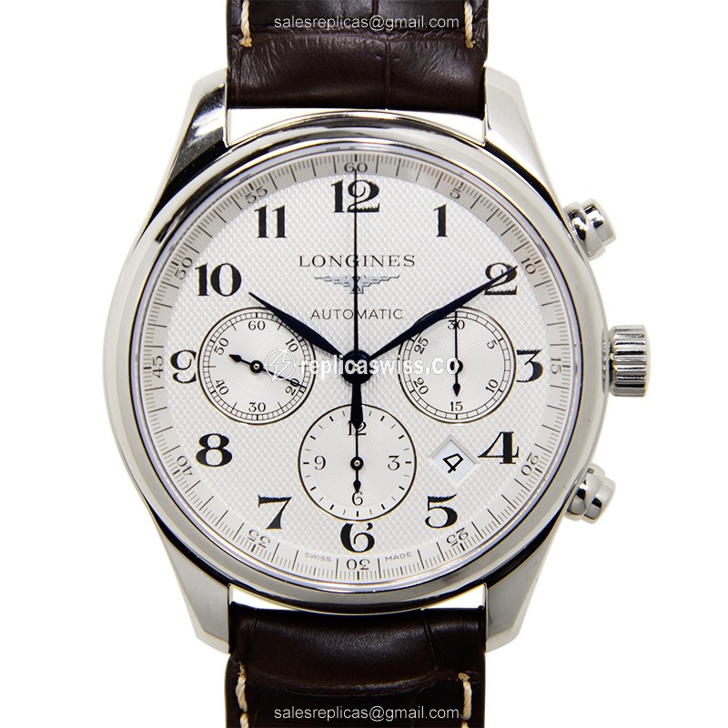 Exquisite Longines Master Automatic Stainless Steel Watch, White Dial & Alligator Brown Strap