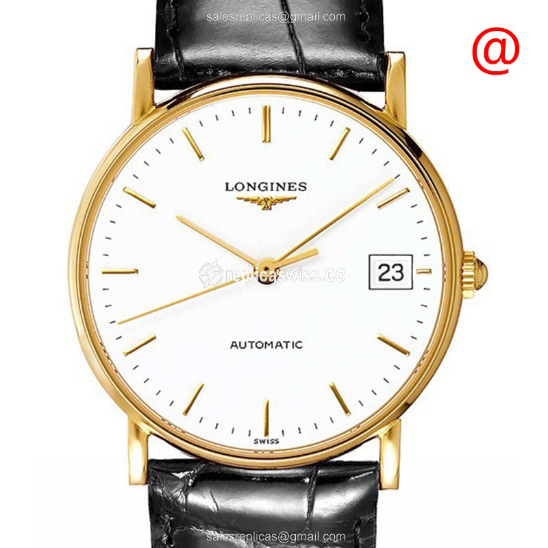 Exquisite Longines Presence Replica with White Dial & Leather Strap in 18kt Yellow Gold Watch