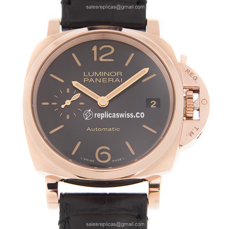 Exquisite Panerai LUMINOR Replica in 18kt Rose Gold, Automatic Movement, Black Dial & Alligator
